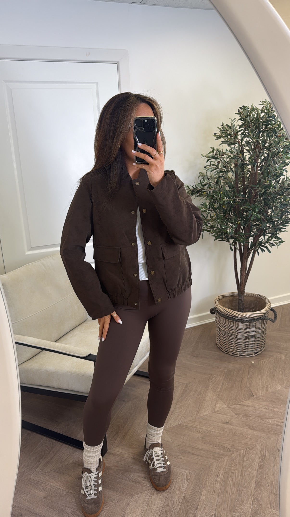 GABRIELLE dark chocolate faux suede bomber jacket