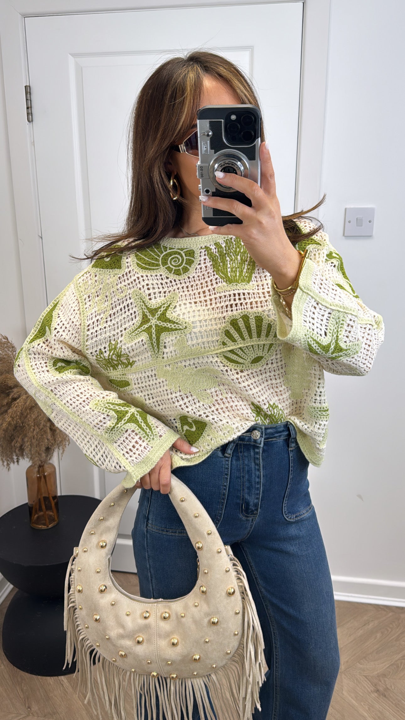 LARA green beach embroidered crochet top