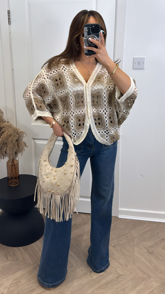 LILLY beige crochet batwing cardigan