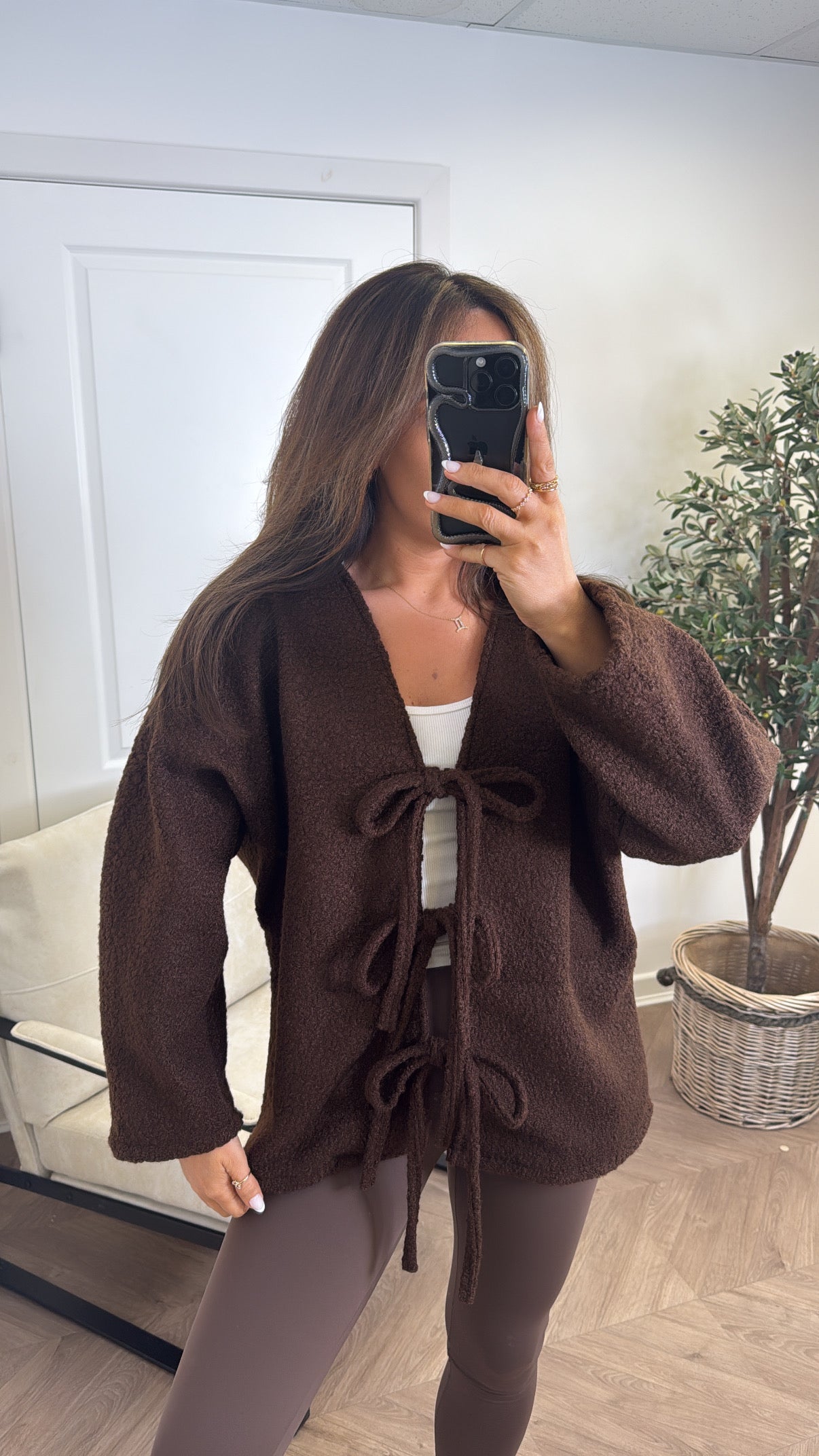 ANGELINE brown soft tie detail cardigan