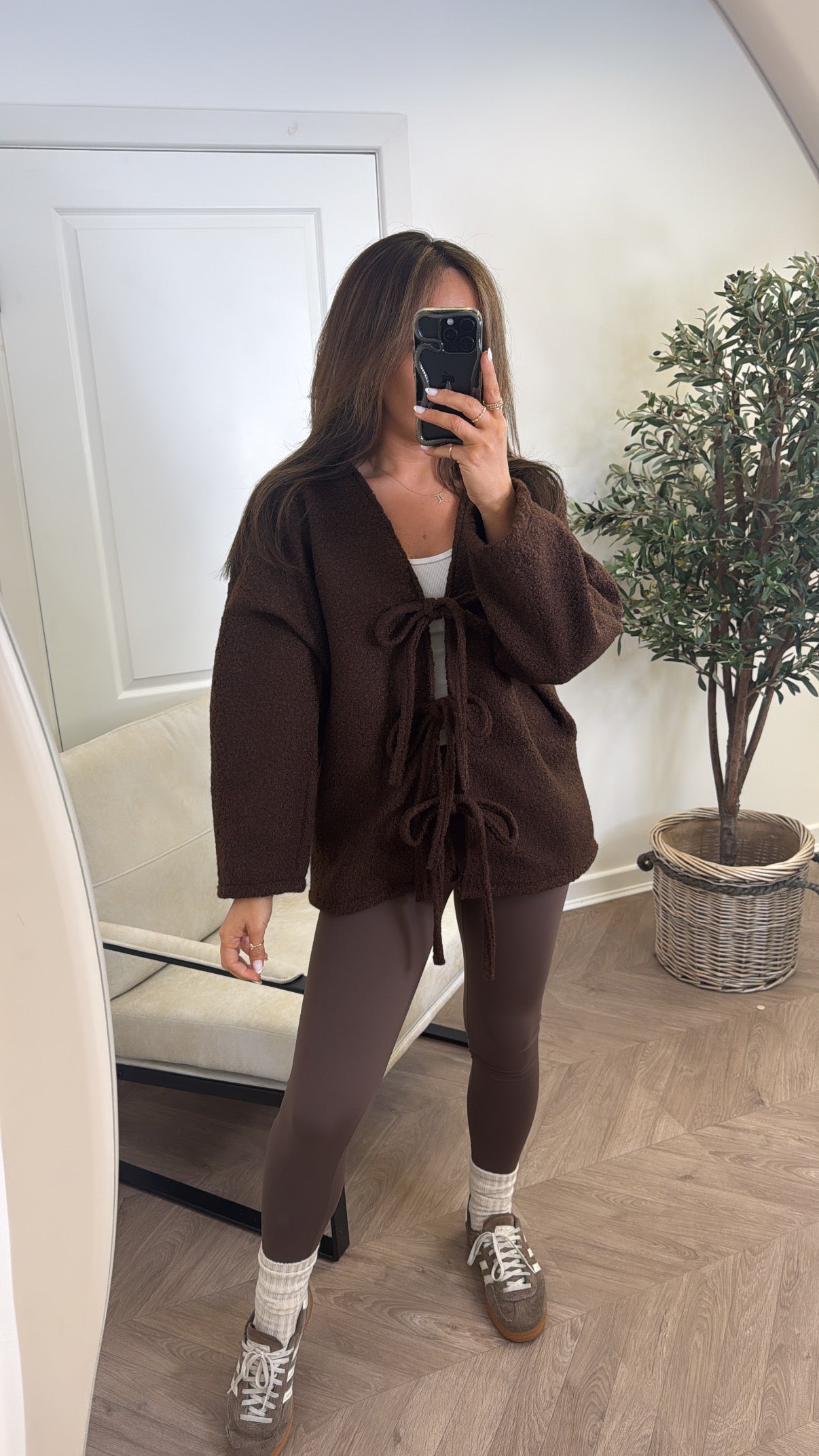 ANGELINE brown soft tie detail cardigan