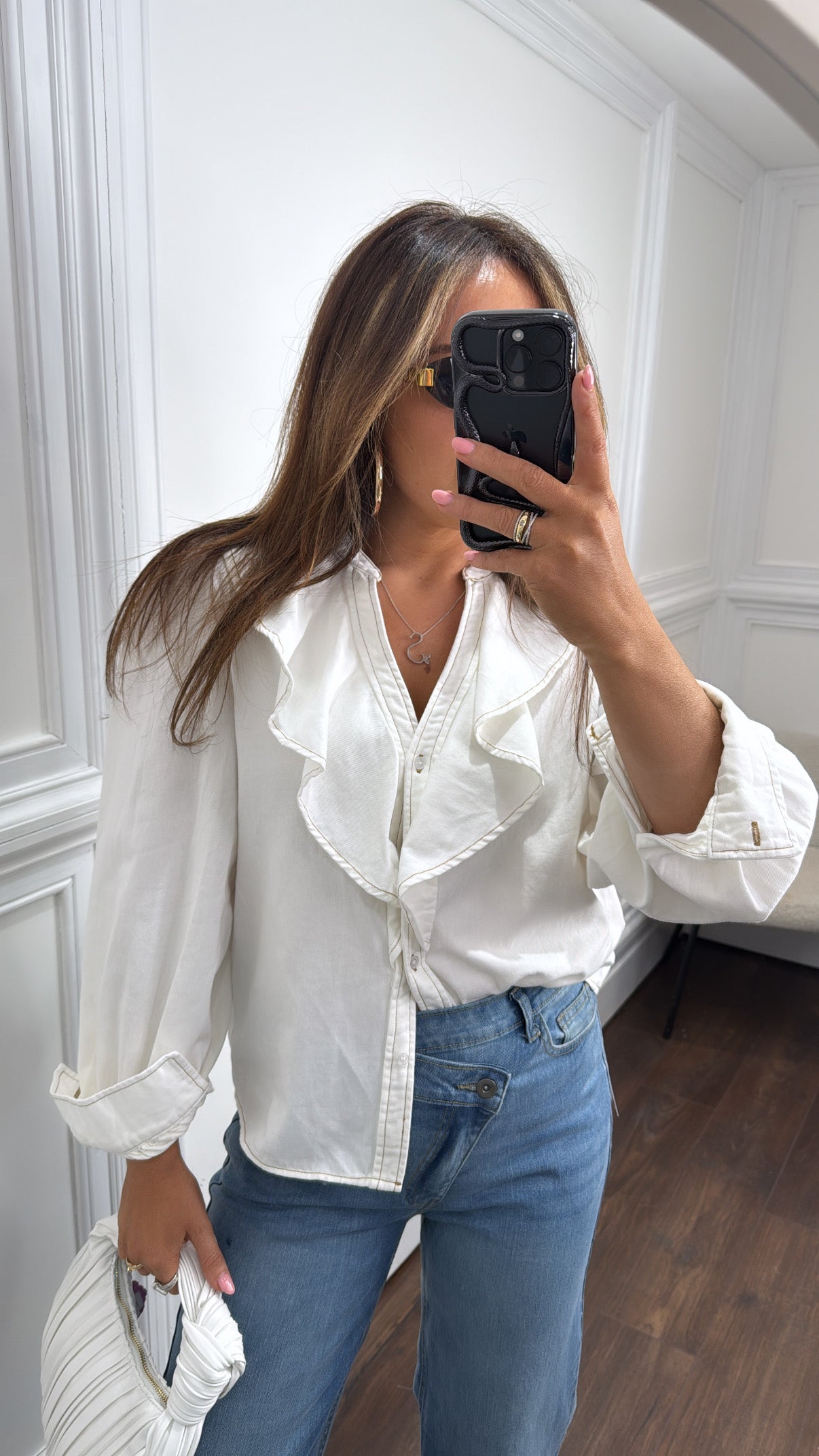 ABBEY white frill denim shirt