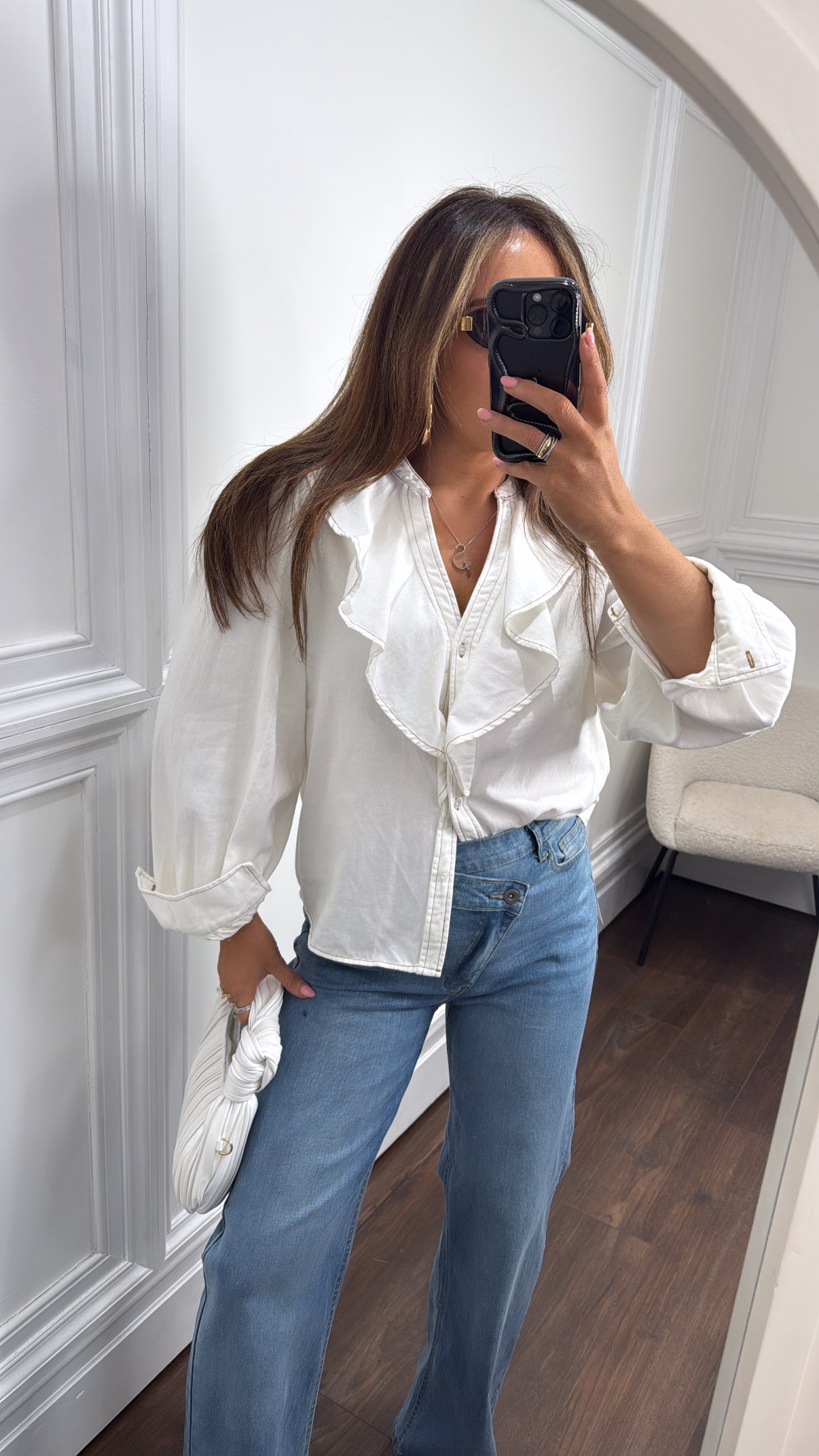 ABBEY white frill denim shirt
