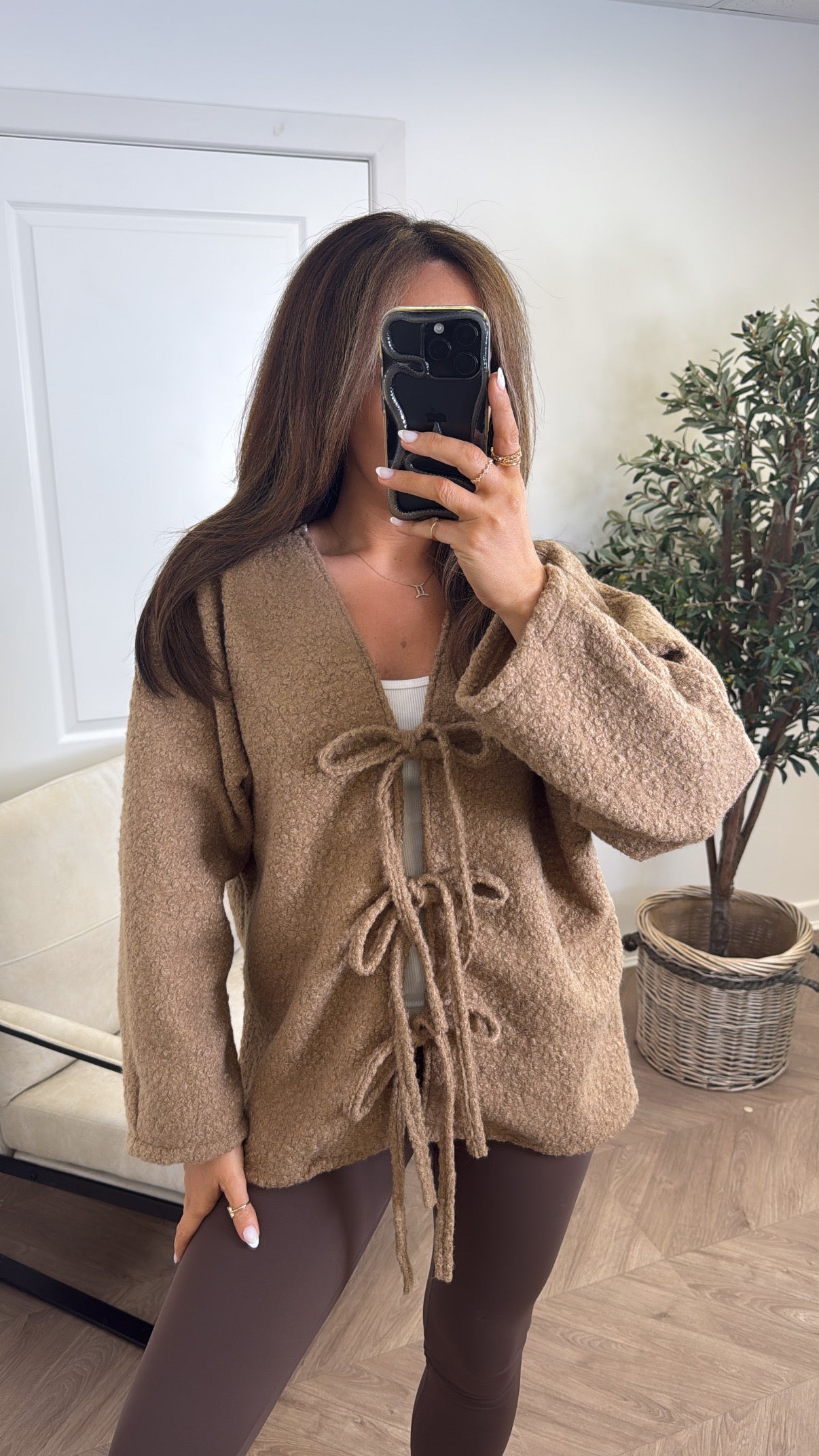 ANGELINE camel soft tie detail cardigan