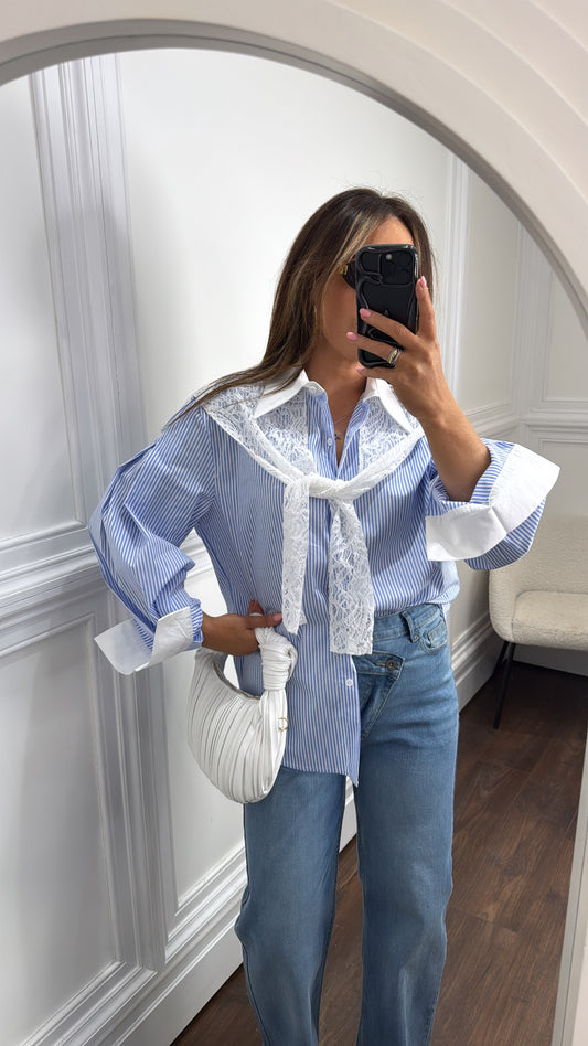 JADE blue and white shirt with lace overlay