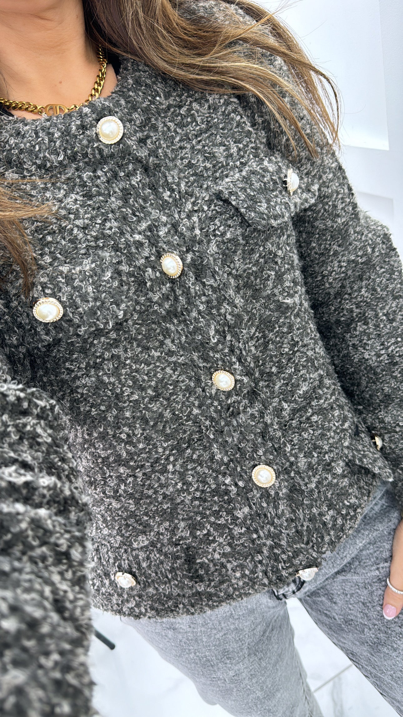 SADIE charcoal soft boucle cardigan with pearl buttons