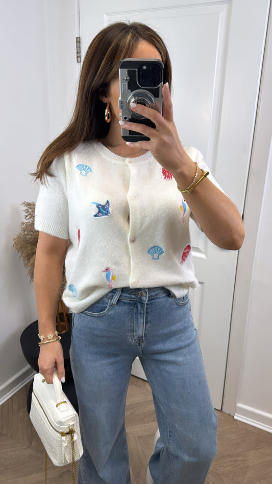OCEAN cream soft knit embroidery motif cardigan