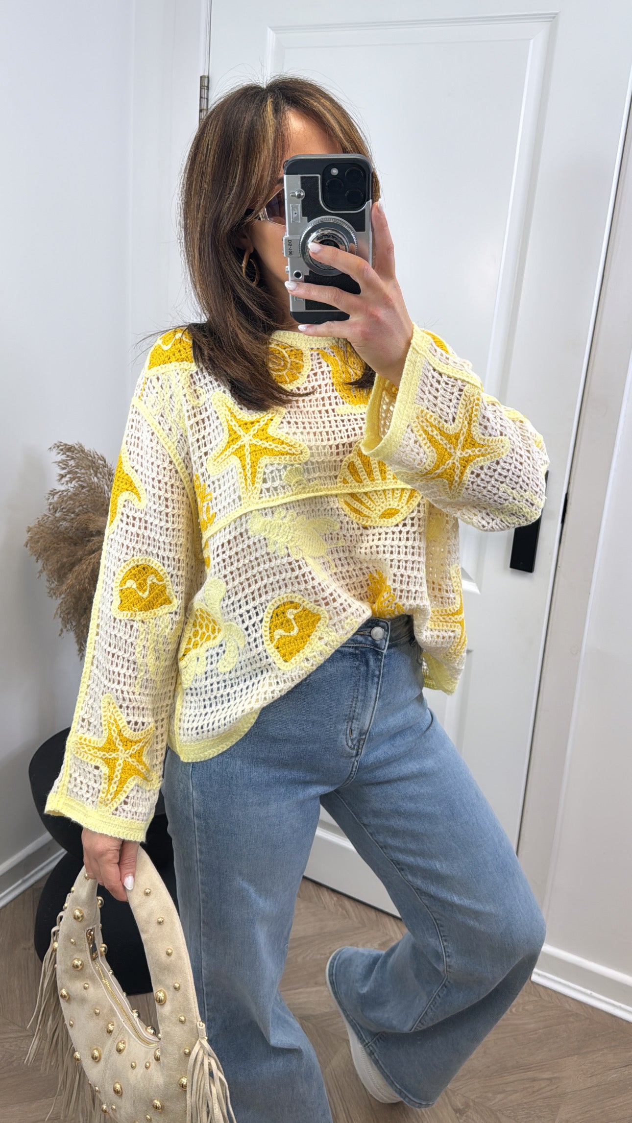 LARA lemon beach embroidered crochet top