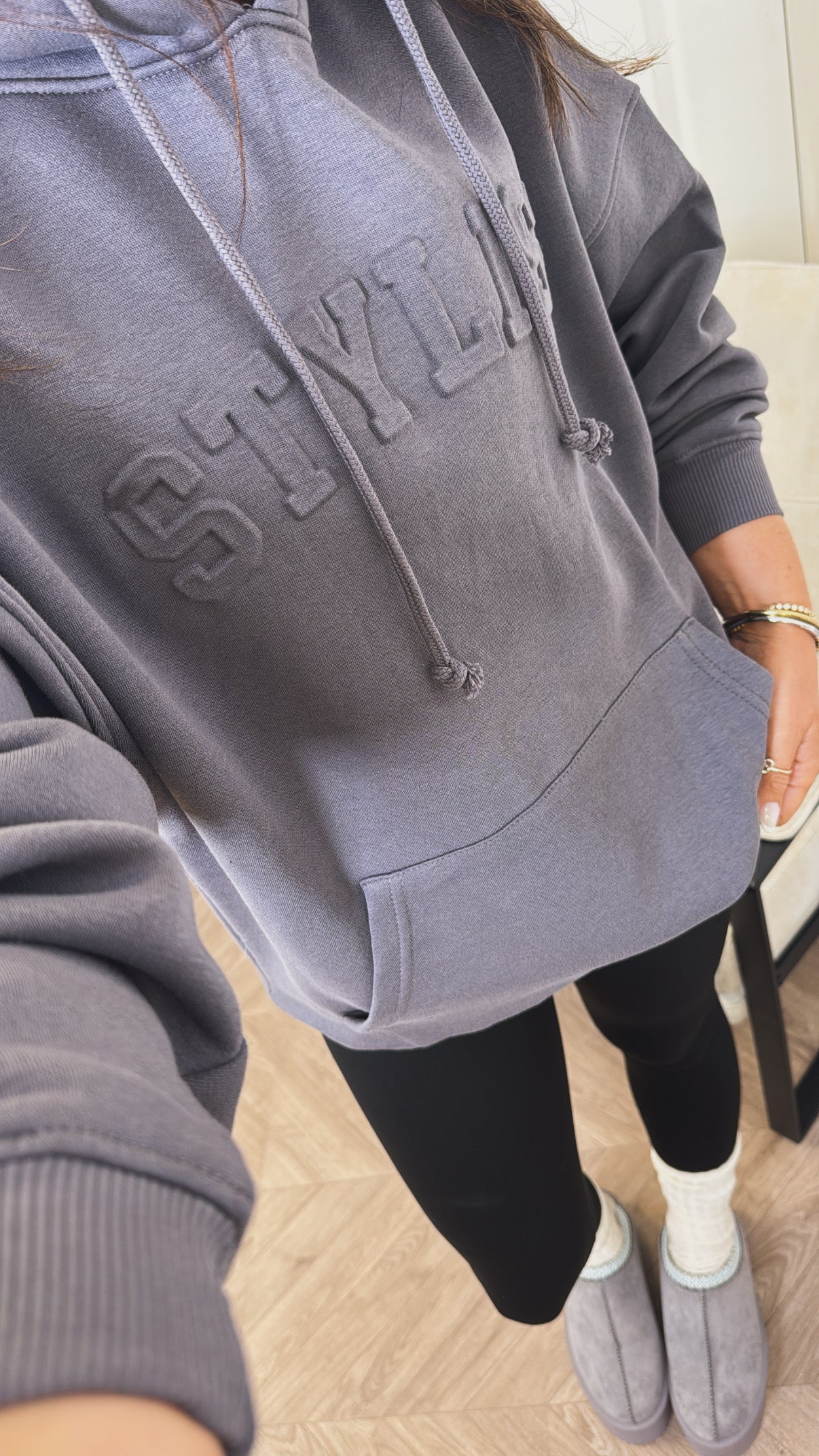 STYLIST charcoal grey embossed logo oversized hoody