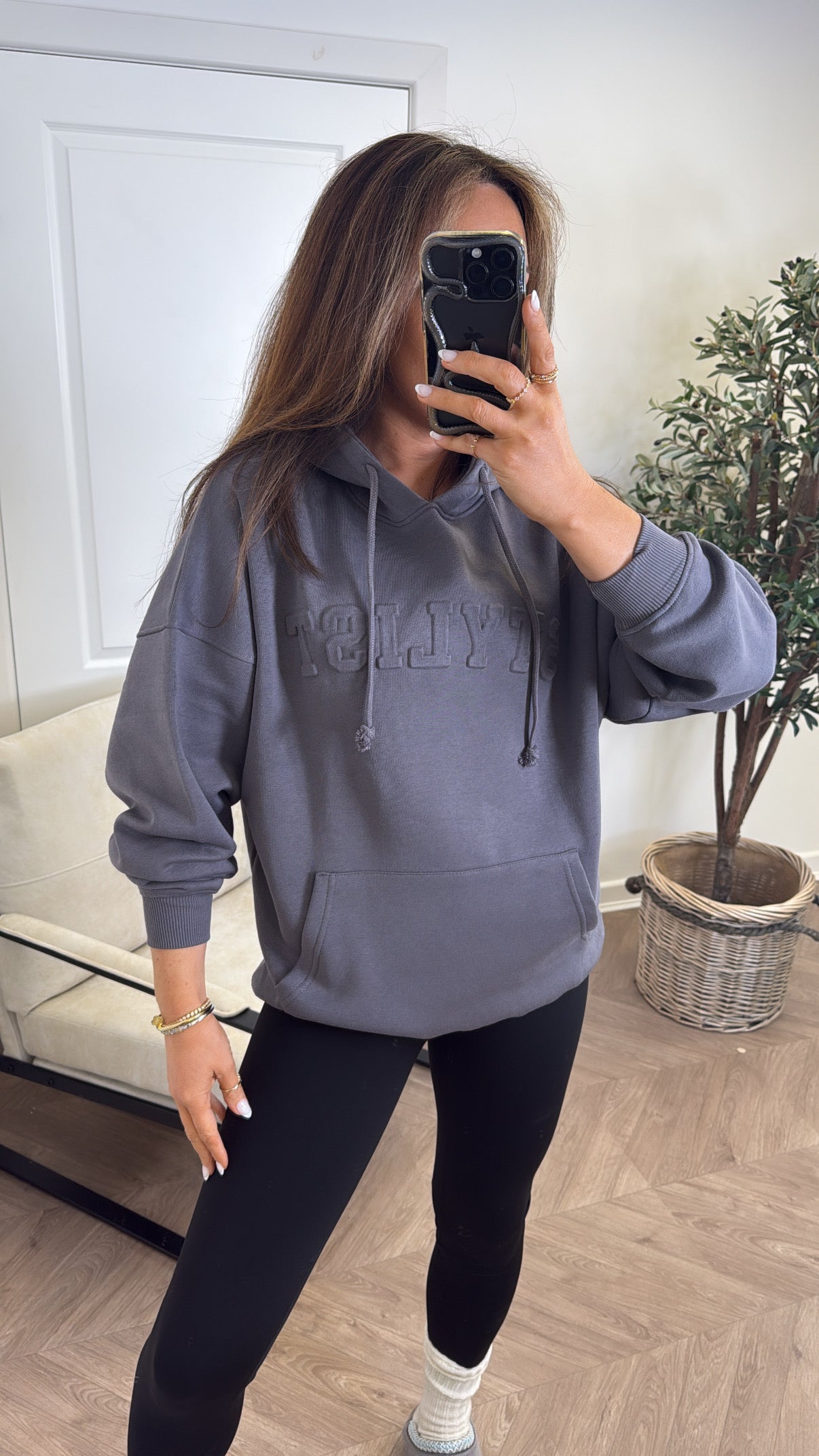 STYLIST charcoal grey embossed logo oversized hoody