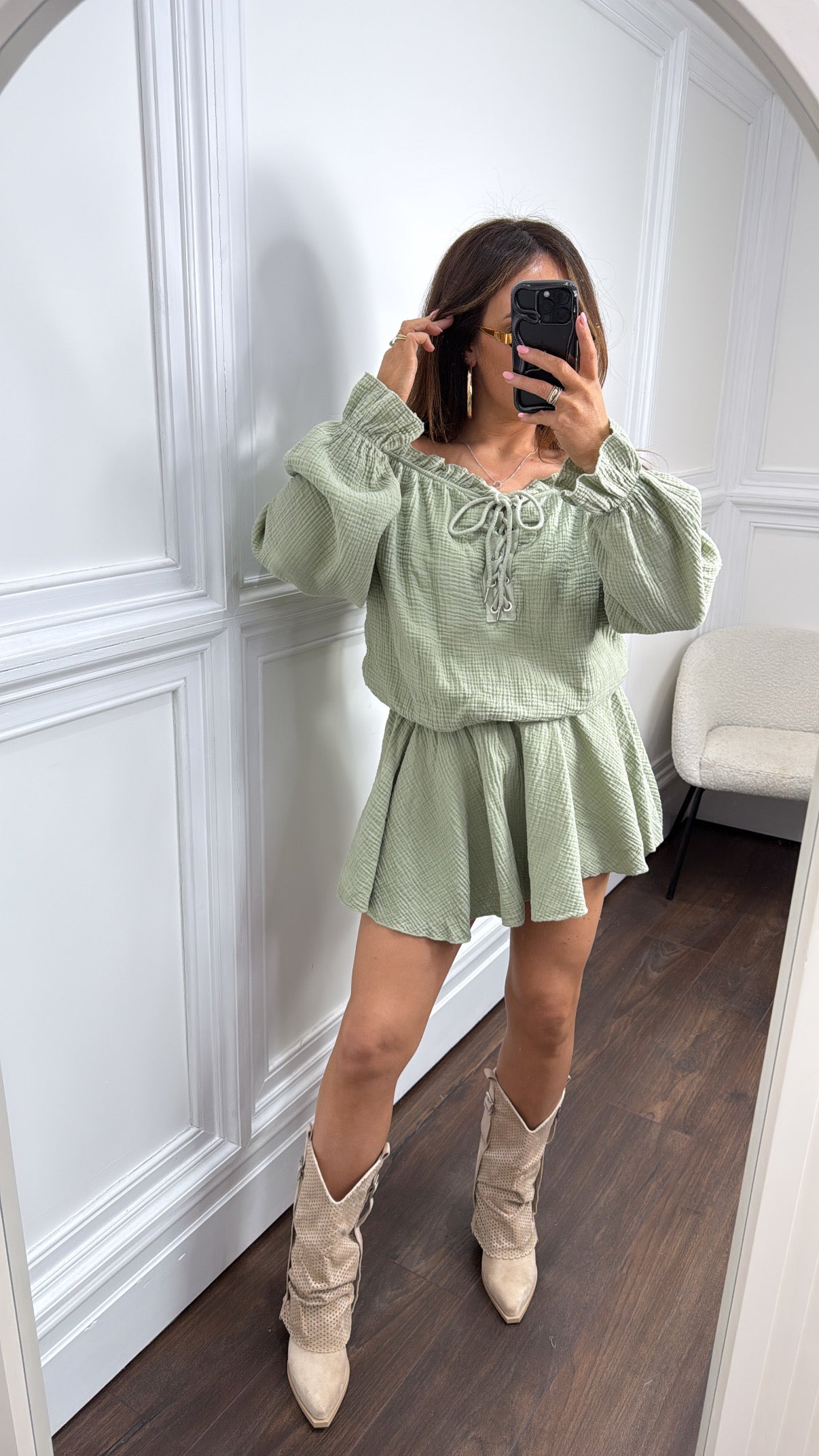 YASMINE apple green cheesecloth tie up playsuit