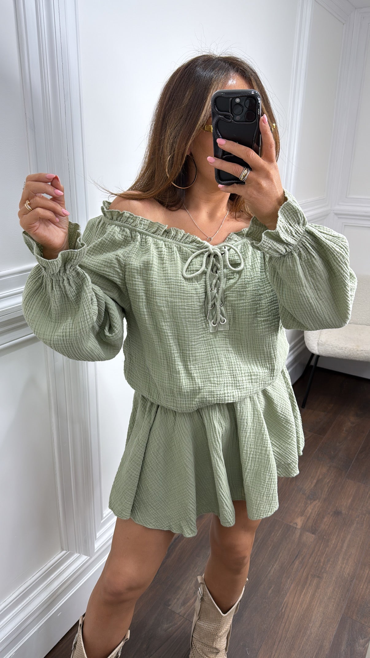 YASMINE apple green cheesecloth tie up playsuit