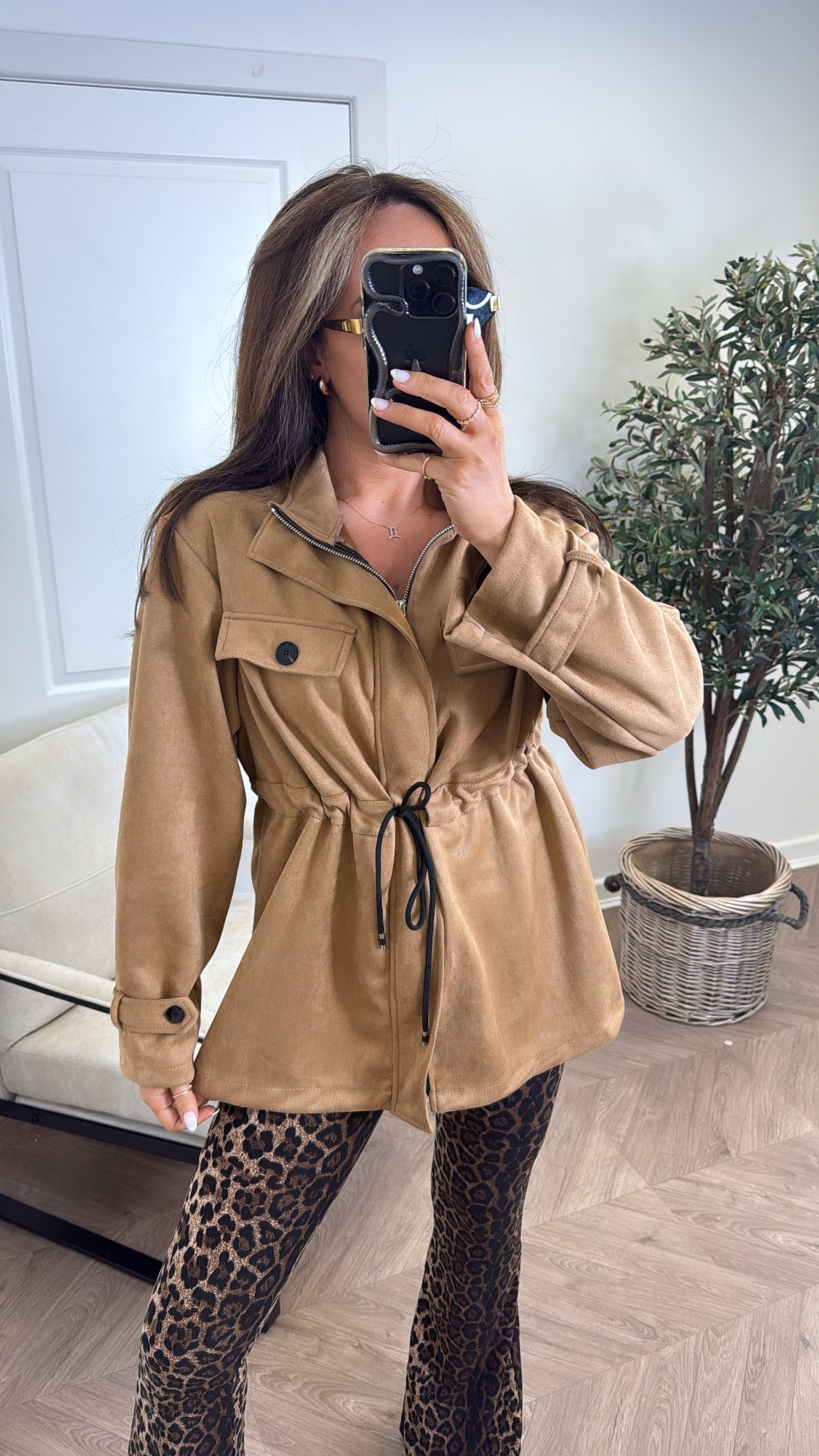 ABBEY camel faux suede tie waist jacket