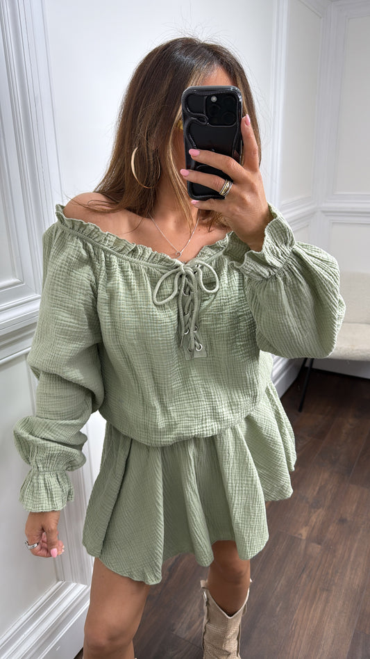 YASMINE apple green cheesecloth tie up playsuit