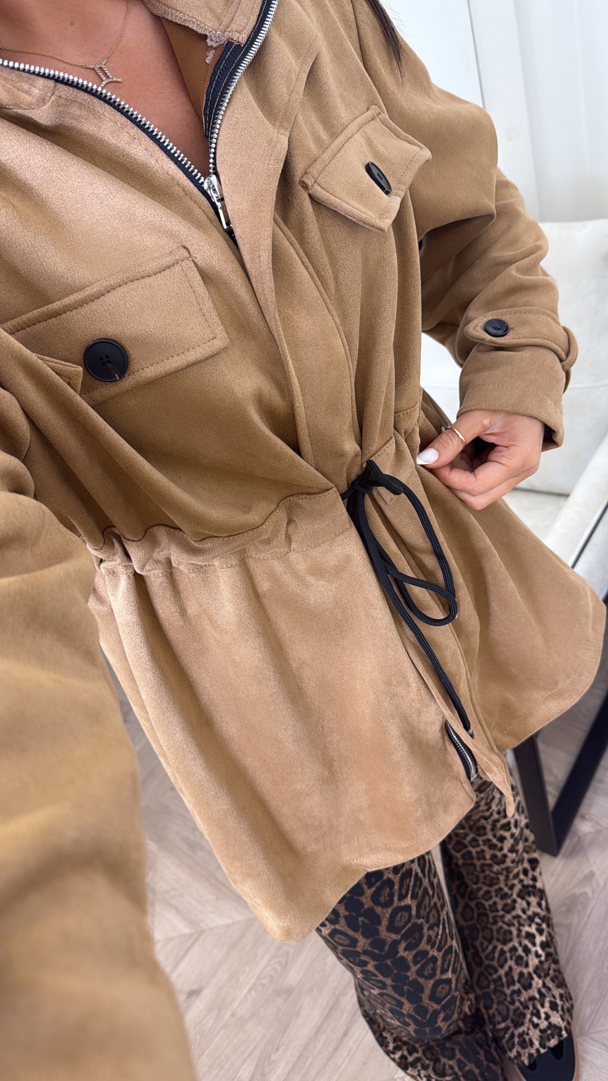ABBEY camel faux suede tie waist jacket