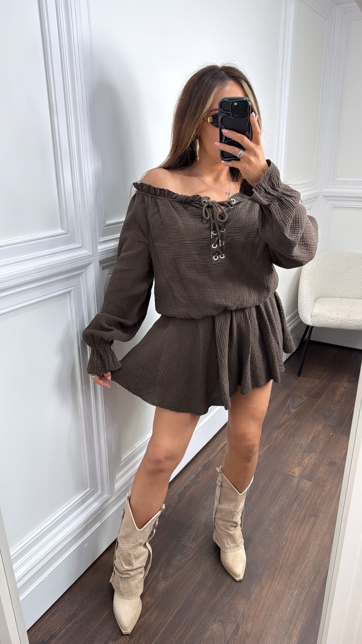 YASMINE brown cheesecloth tie up playsuit