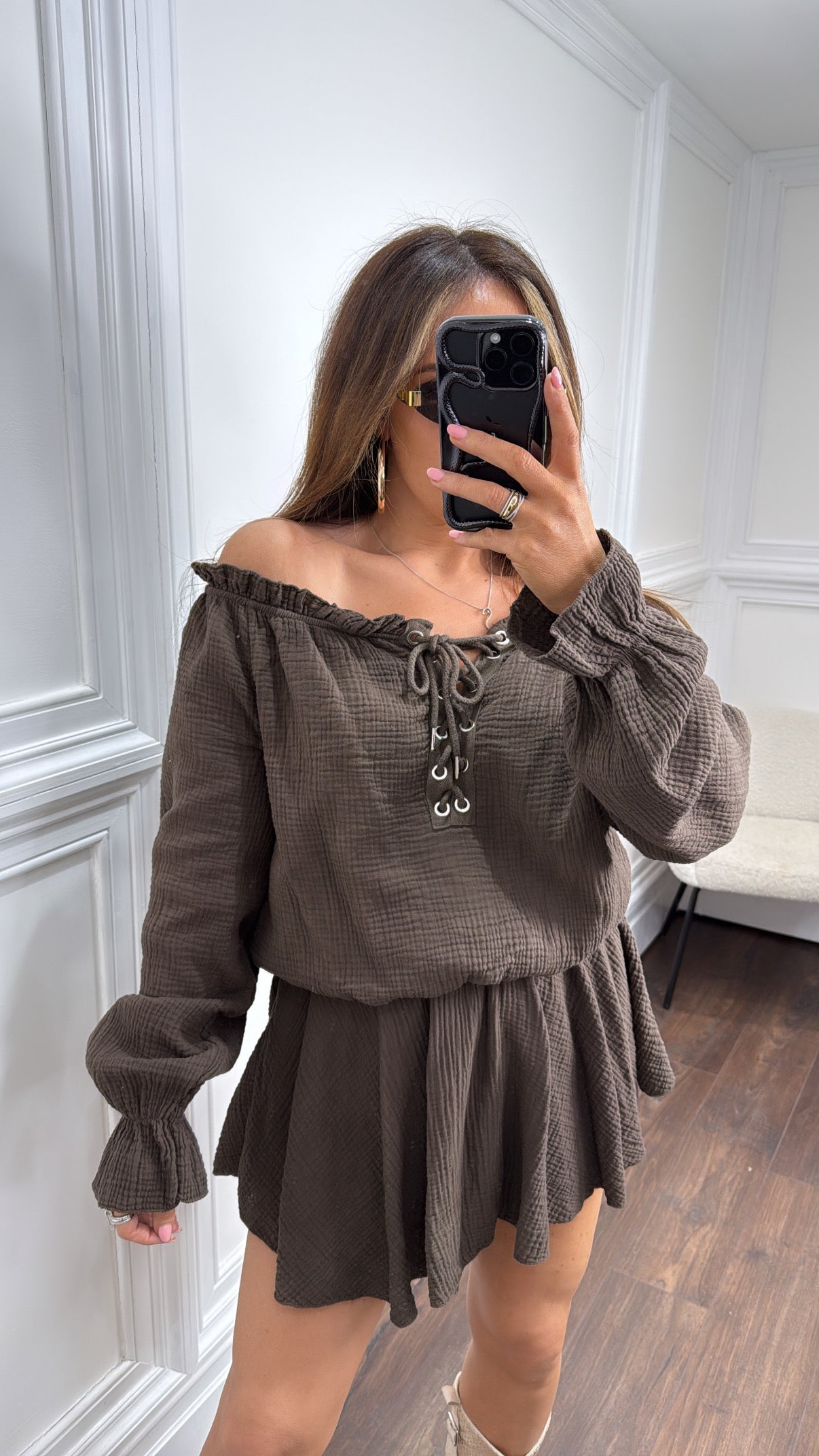 YASMINE brown cheesecloth tie up playsuit