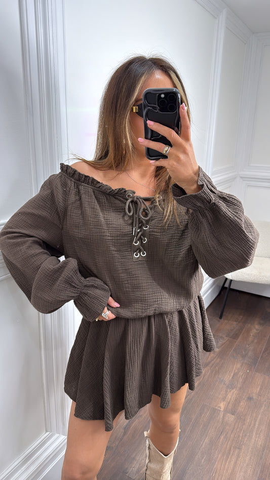 YASMINE brown cheesecloth tie up playsuit