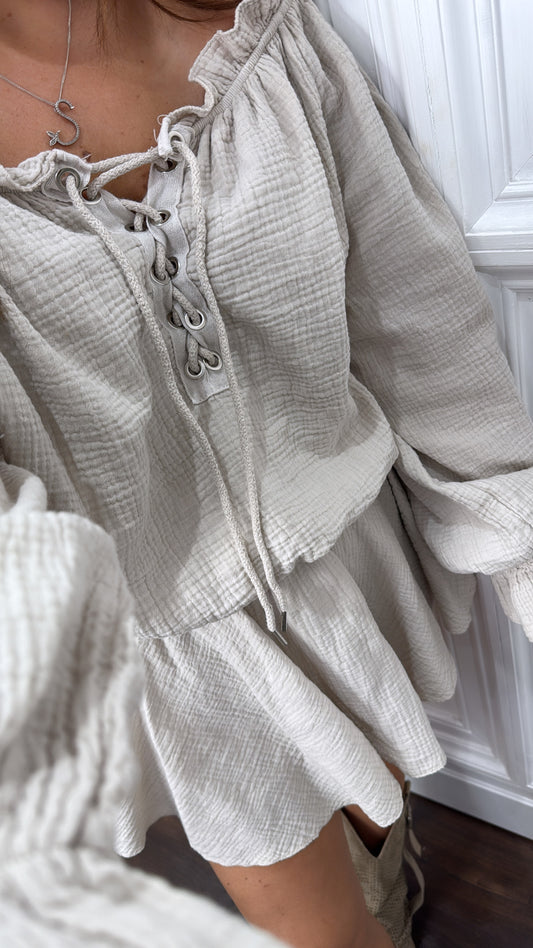 YASMINE stone cheesecloth tie up playsuit