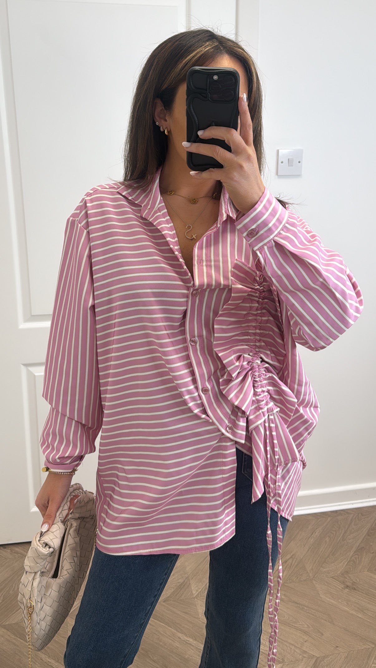 PIA pink oversize striped ruched front shirt