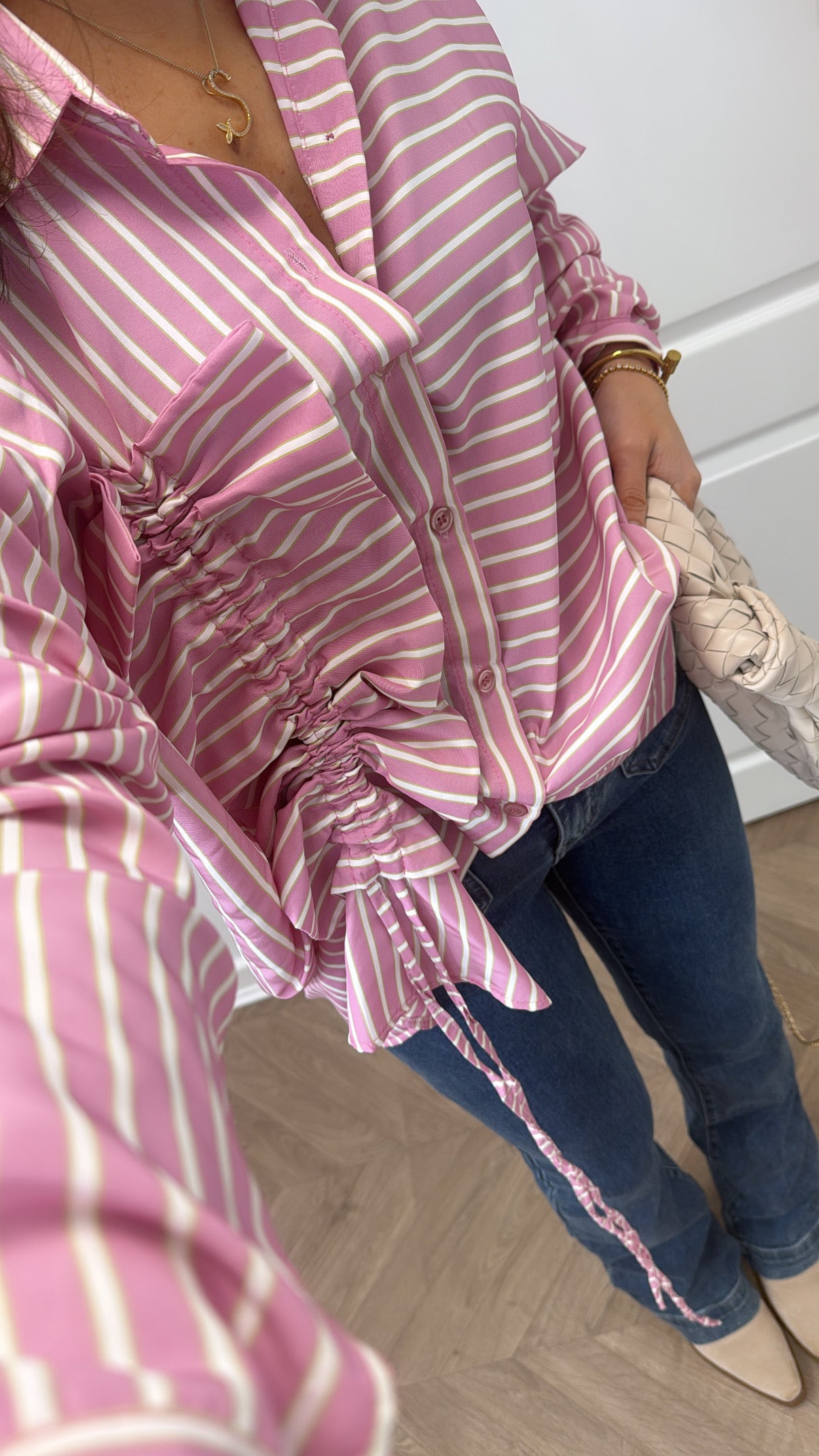 PIA pink oversize striped ruched front shirt
