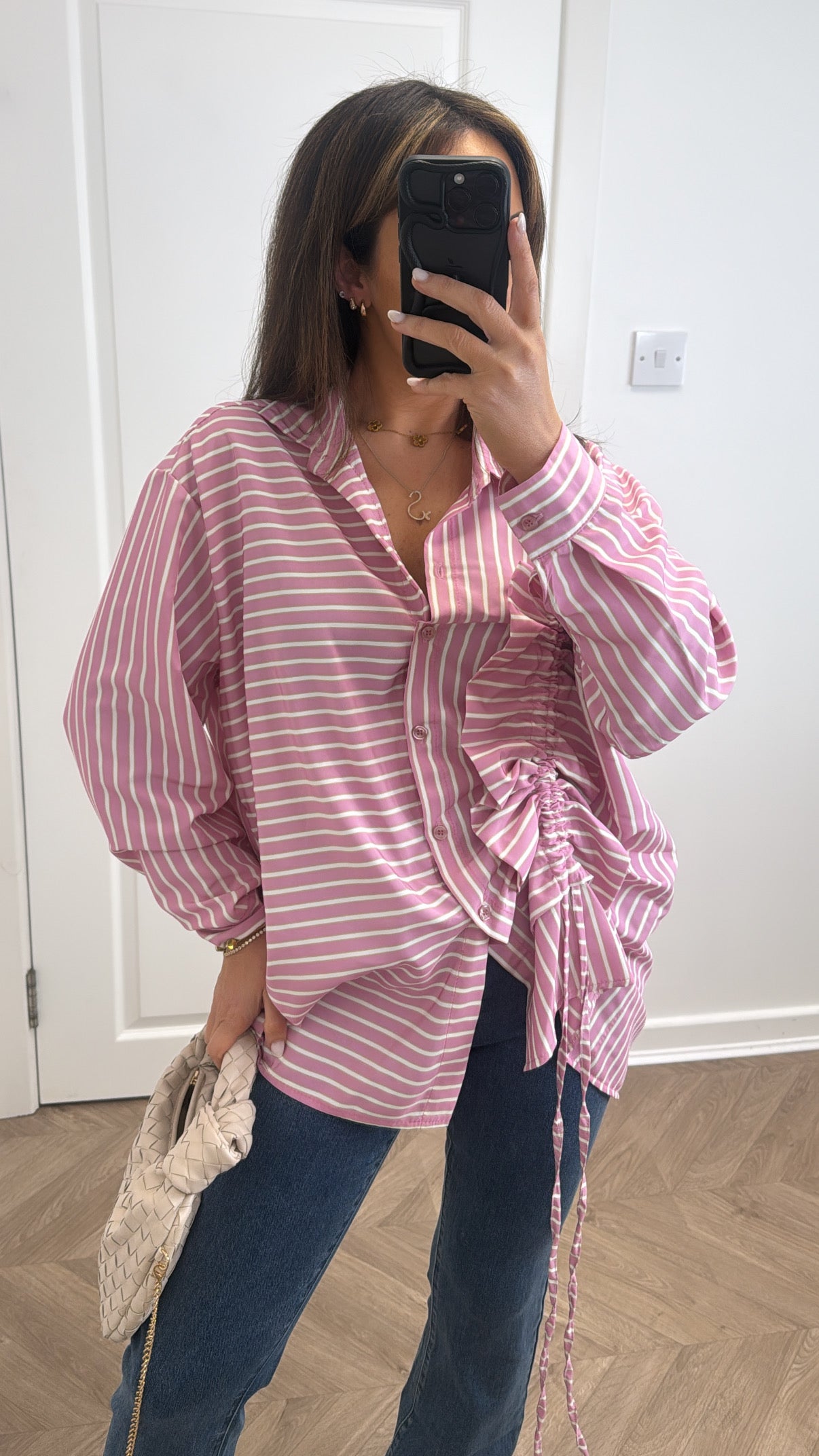 PIA pink oversize striped ruched front shirt