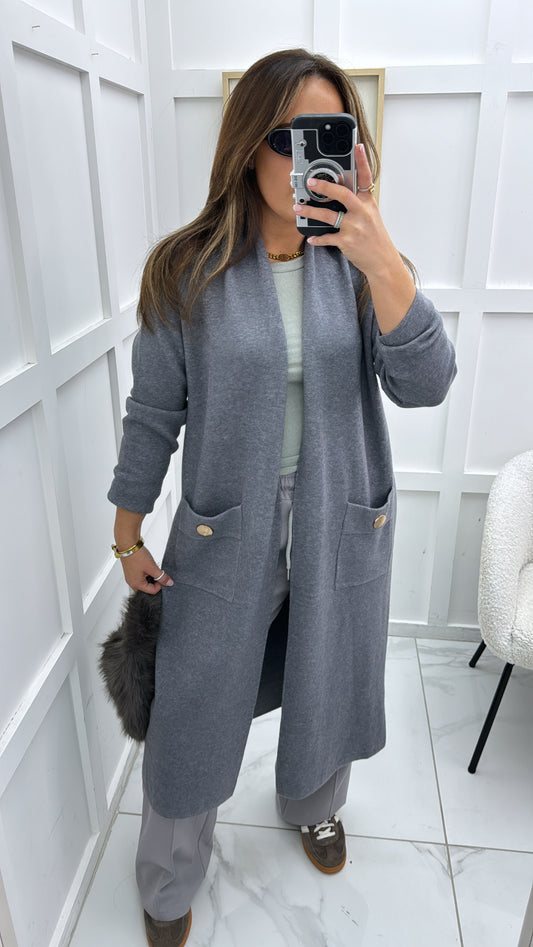 ALEXA grey longline cardigan with gold button detail