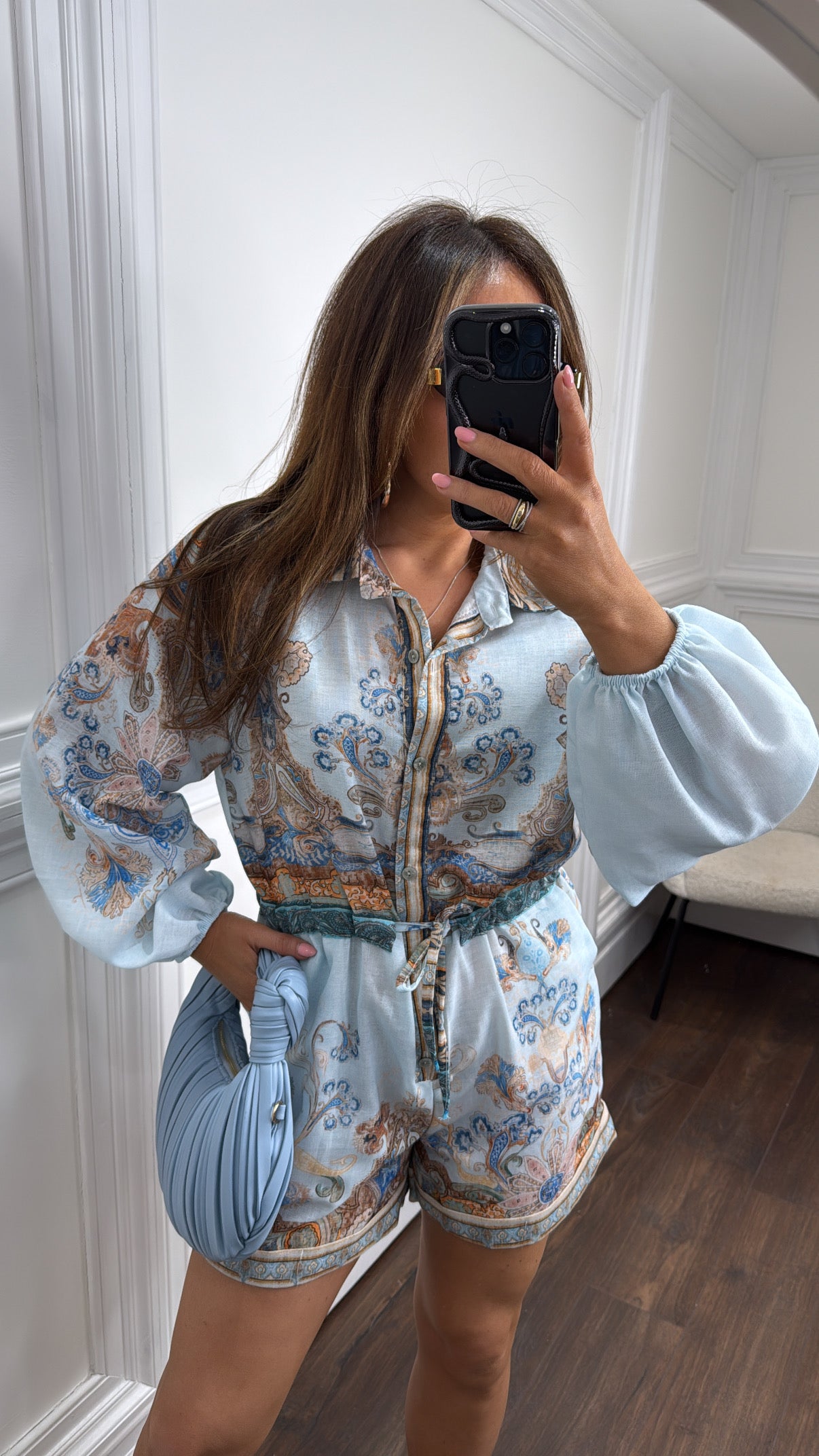 COURTNEY pale blue paisley print playsuit