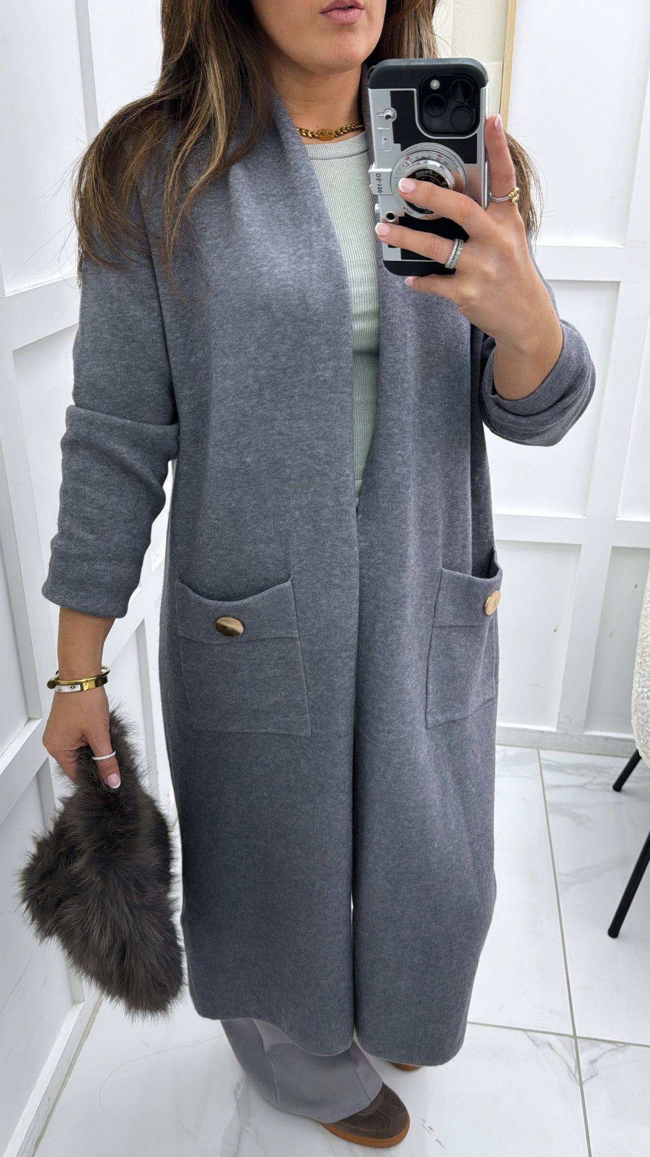 ALEXA grey longline cardigan with gold button detail