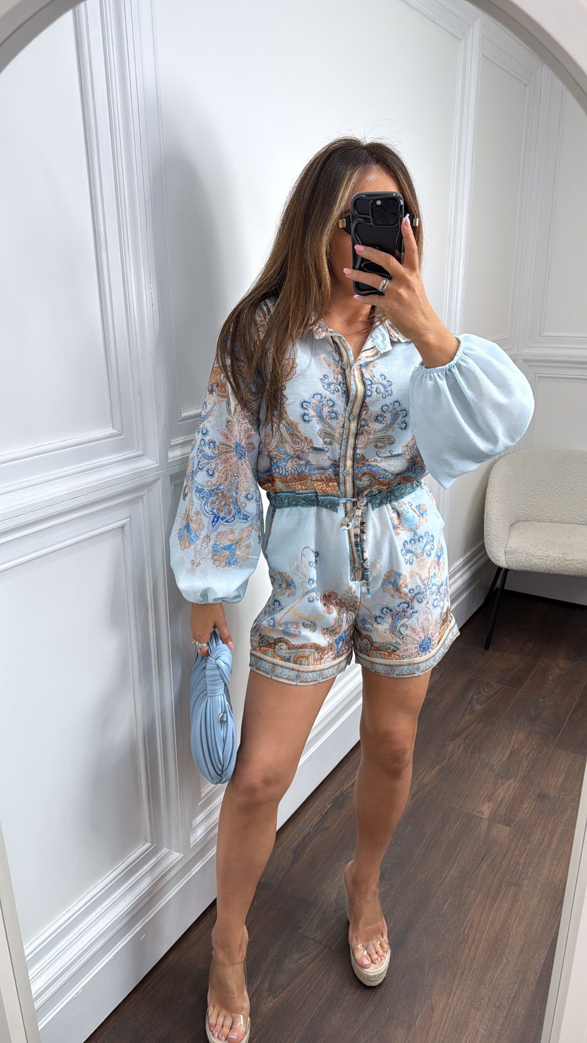 COURTNEY pale blue paisley print playsuit