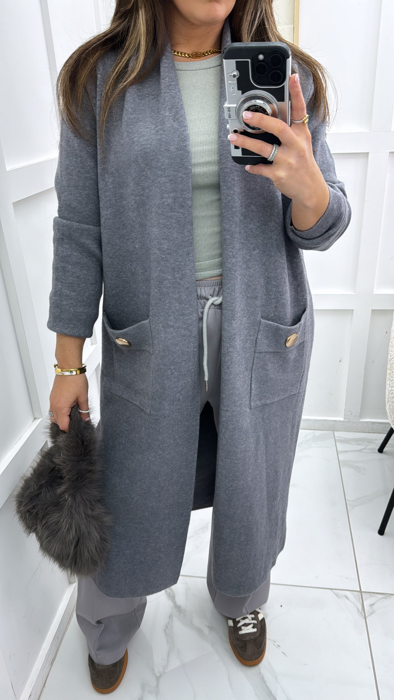 ALEXA grey longline cardigan with gold button detail