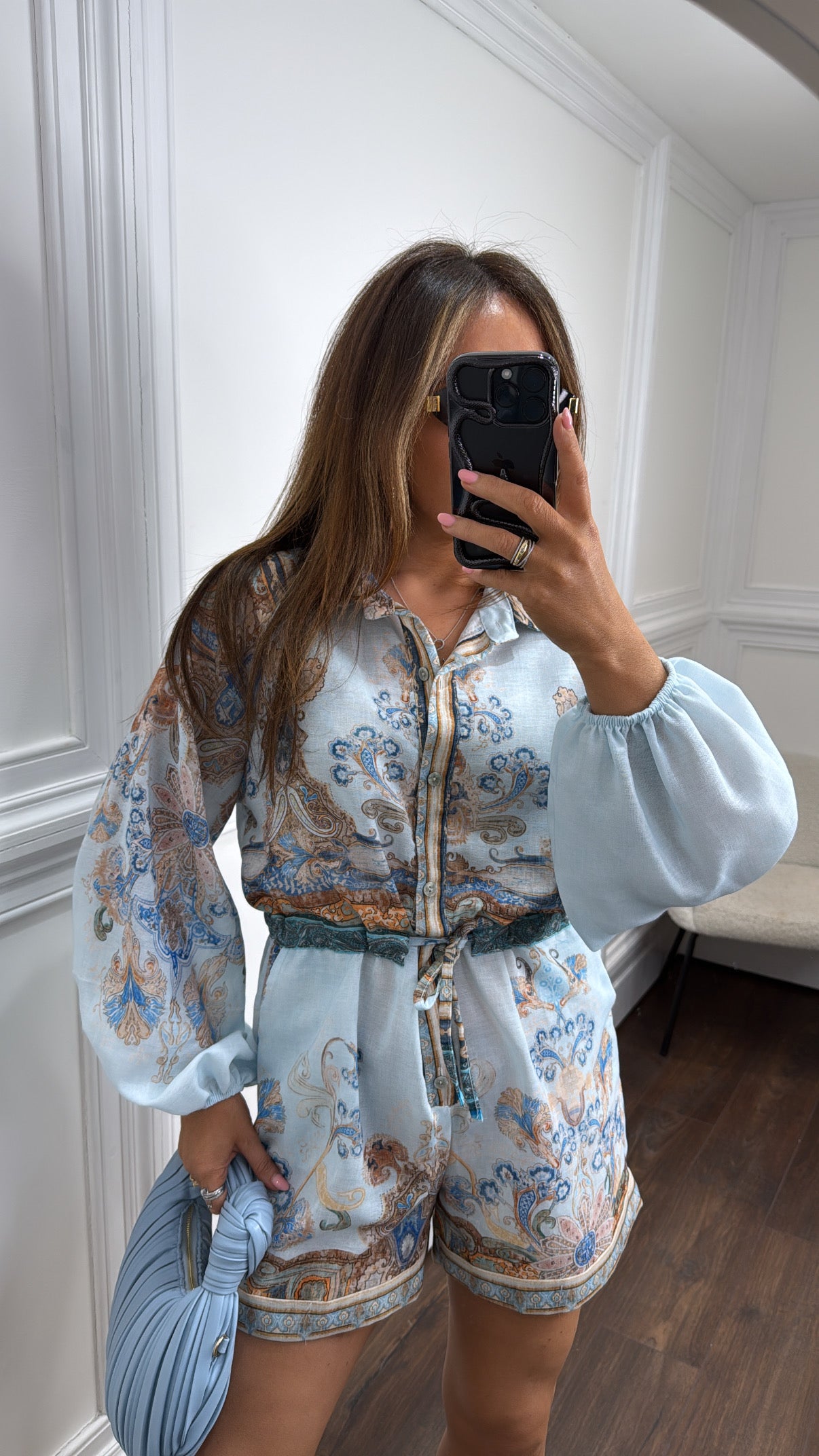 COURTNEY pale blue paisley print playsuit