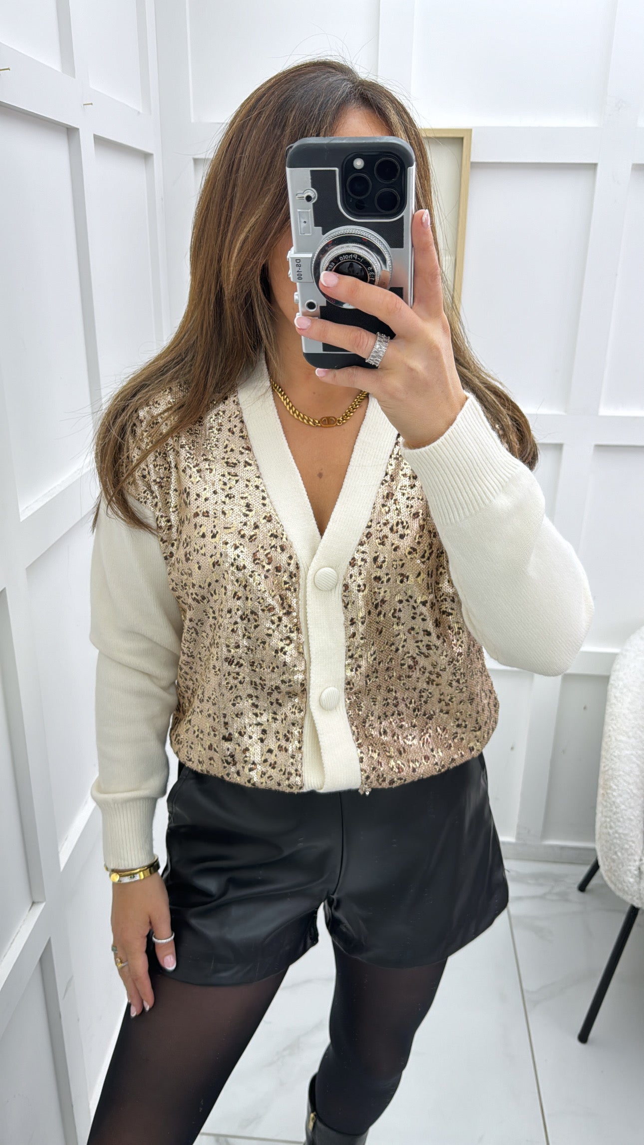 AMIEE cream cardigan with sequin leopard print