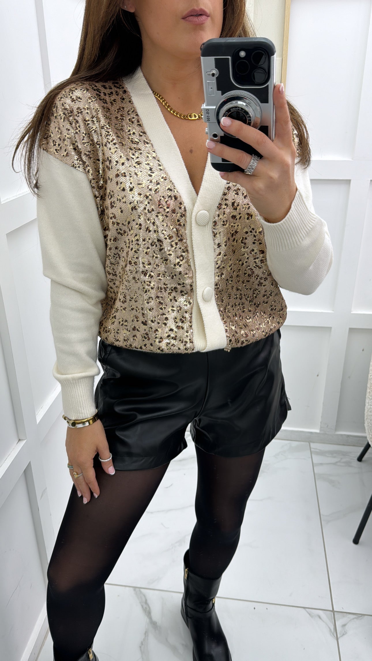 AMIEE cream cardigan with sequin leopard print