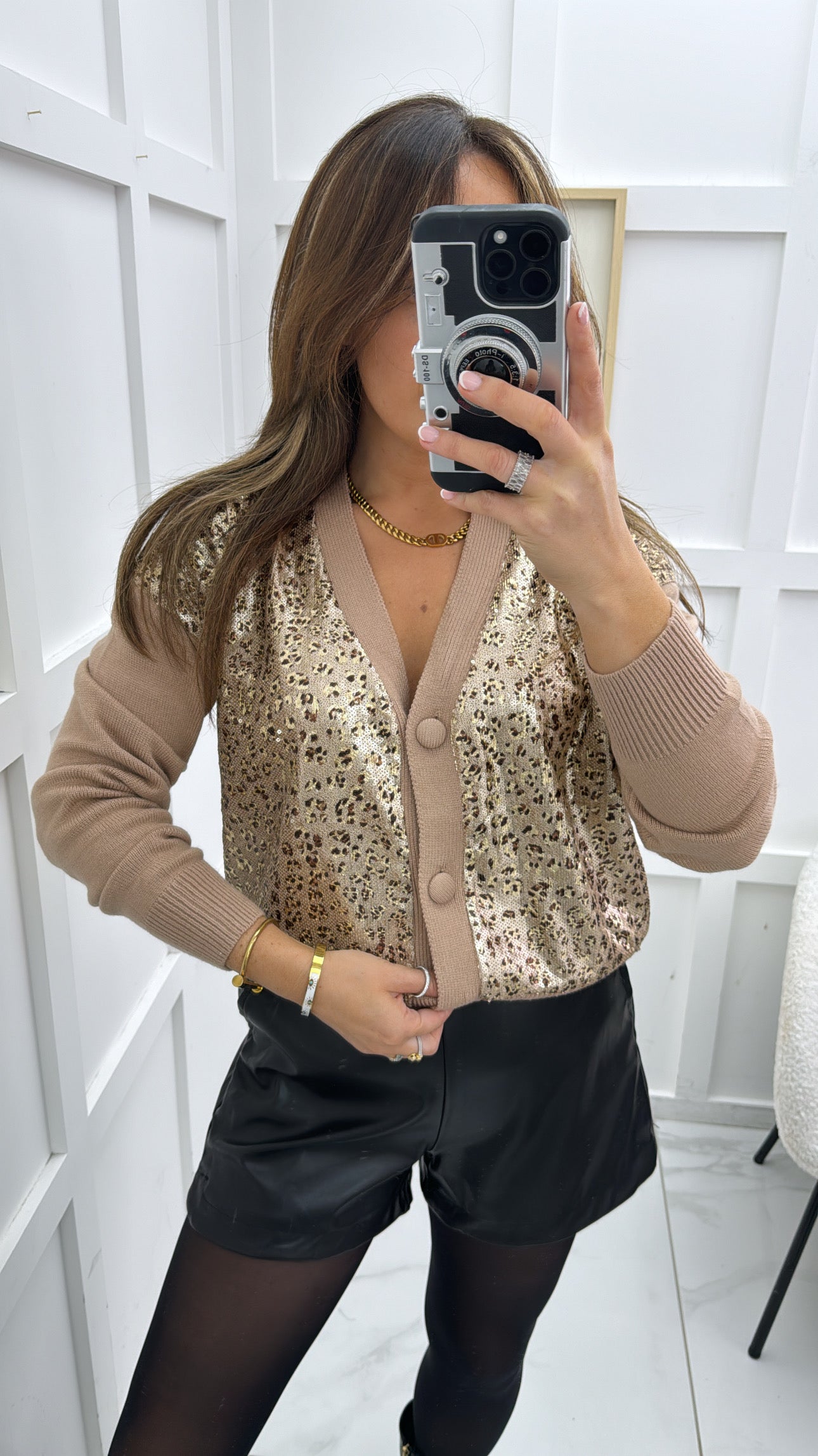 AMIEE camel cardigan with sequin leopard print