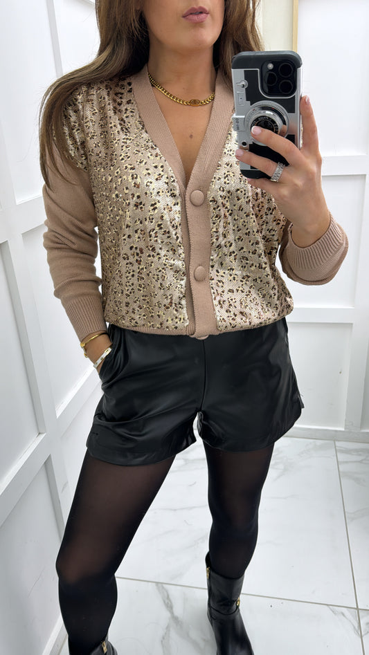 AMIEE camel cardigan with sequin leopard print