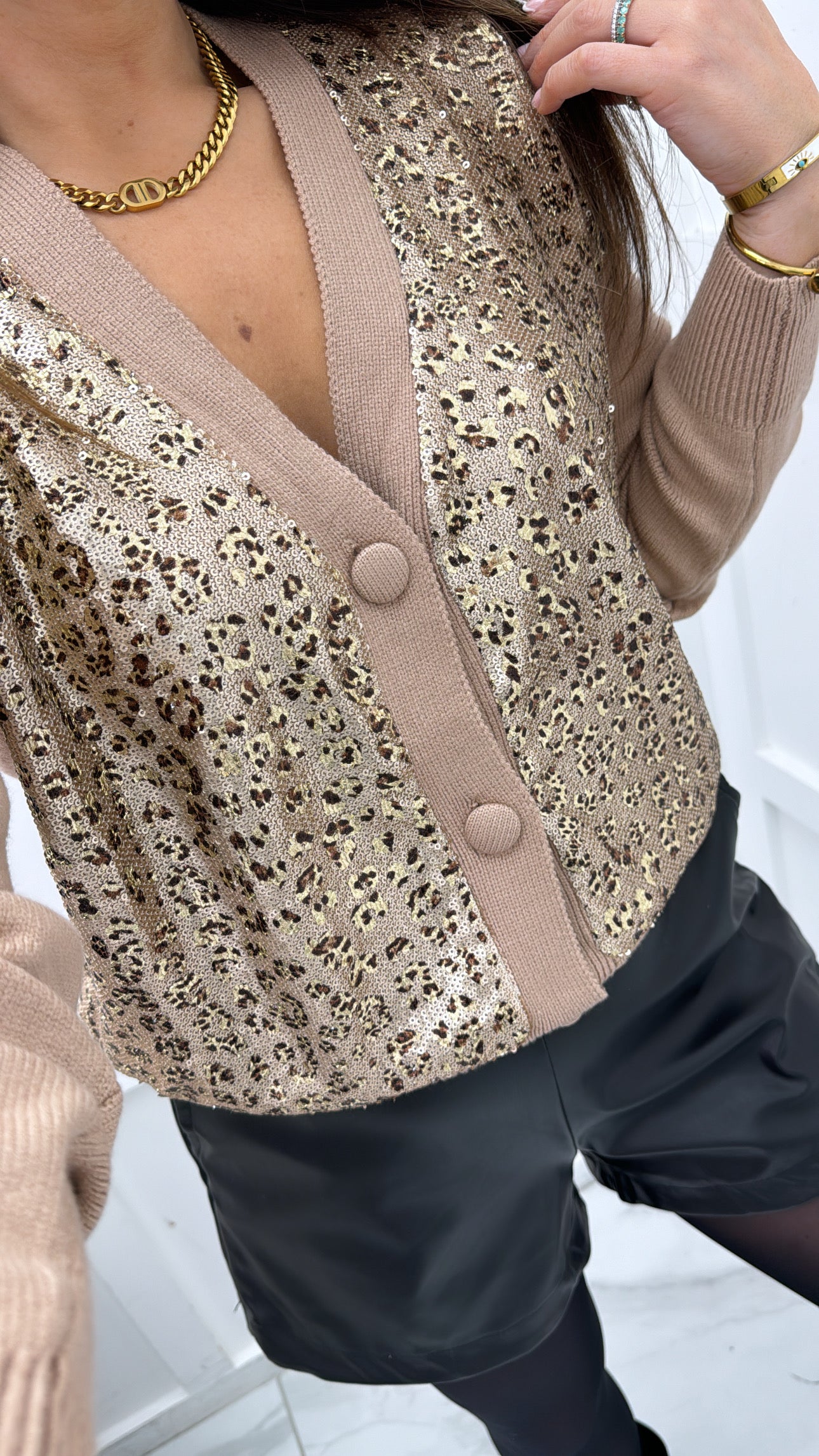 AMIEE camel cardigan with sequin leopard print