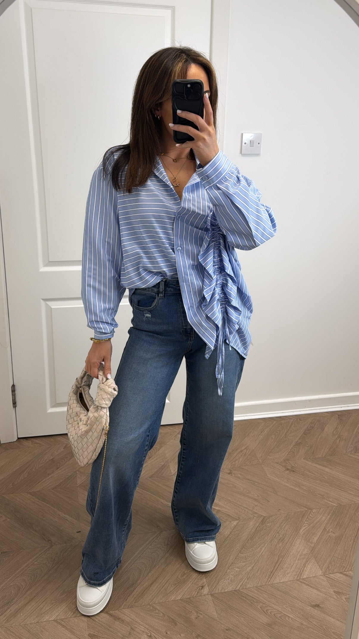 PIA blue oversize striped ruched front shirt