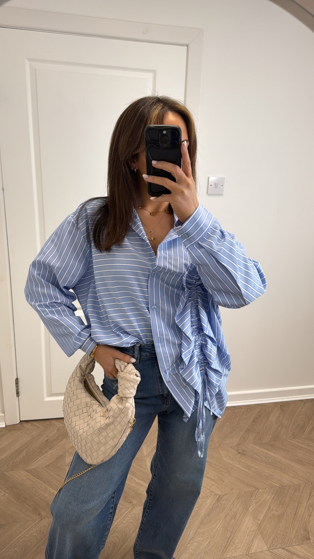 PIA blue oversize striped ruched front shirt