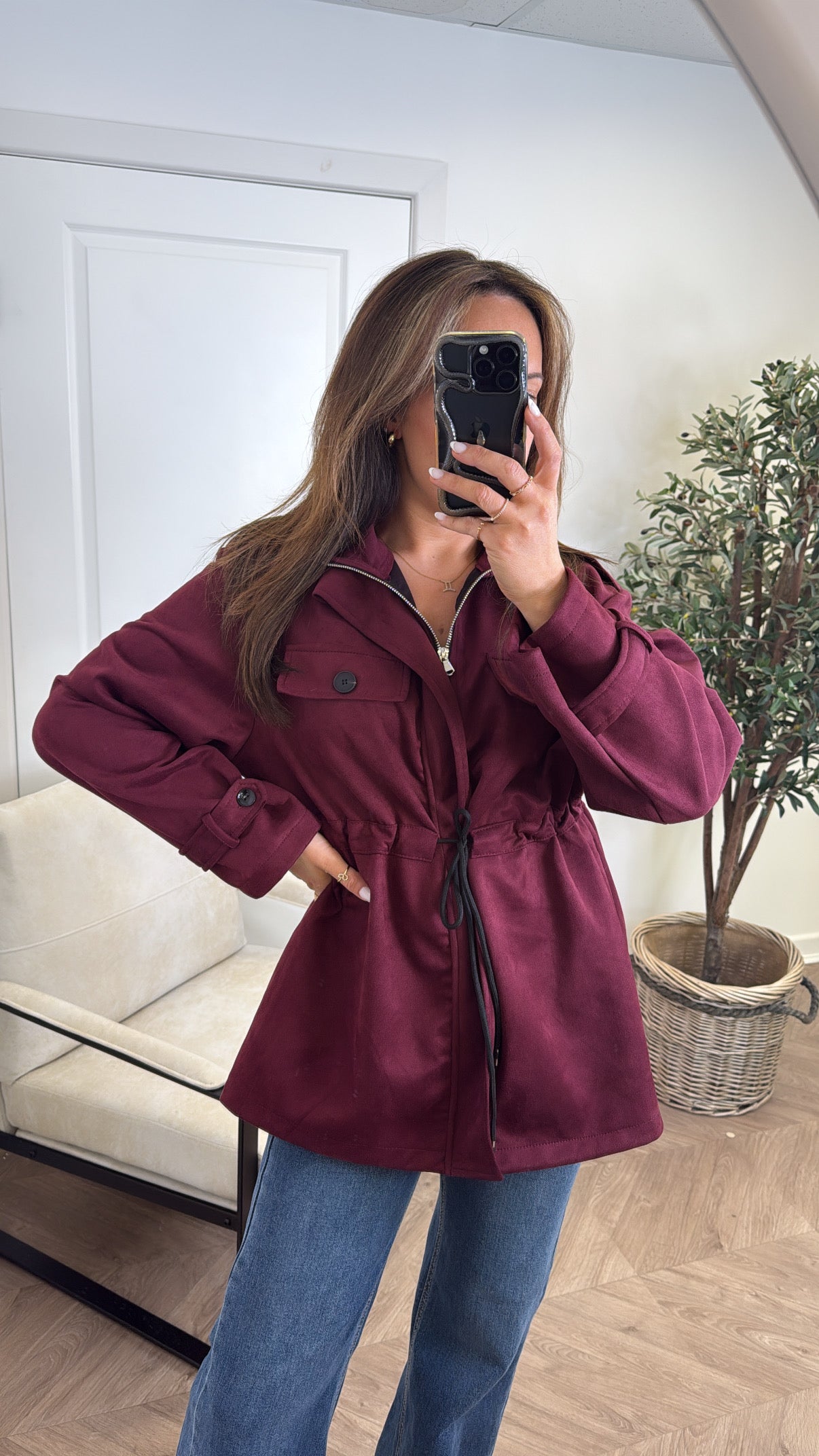 ABBEY berry faux suede tie waist jacket