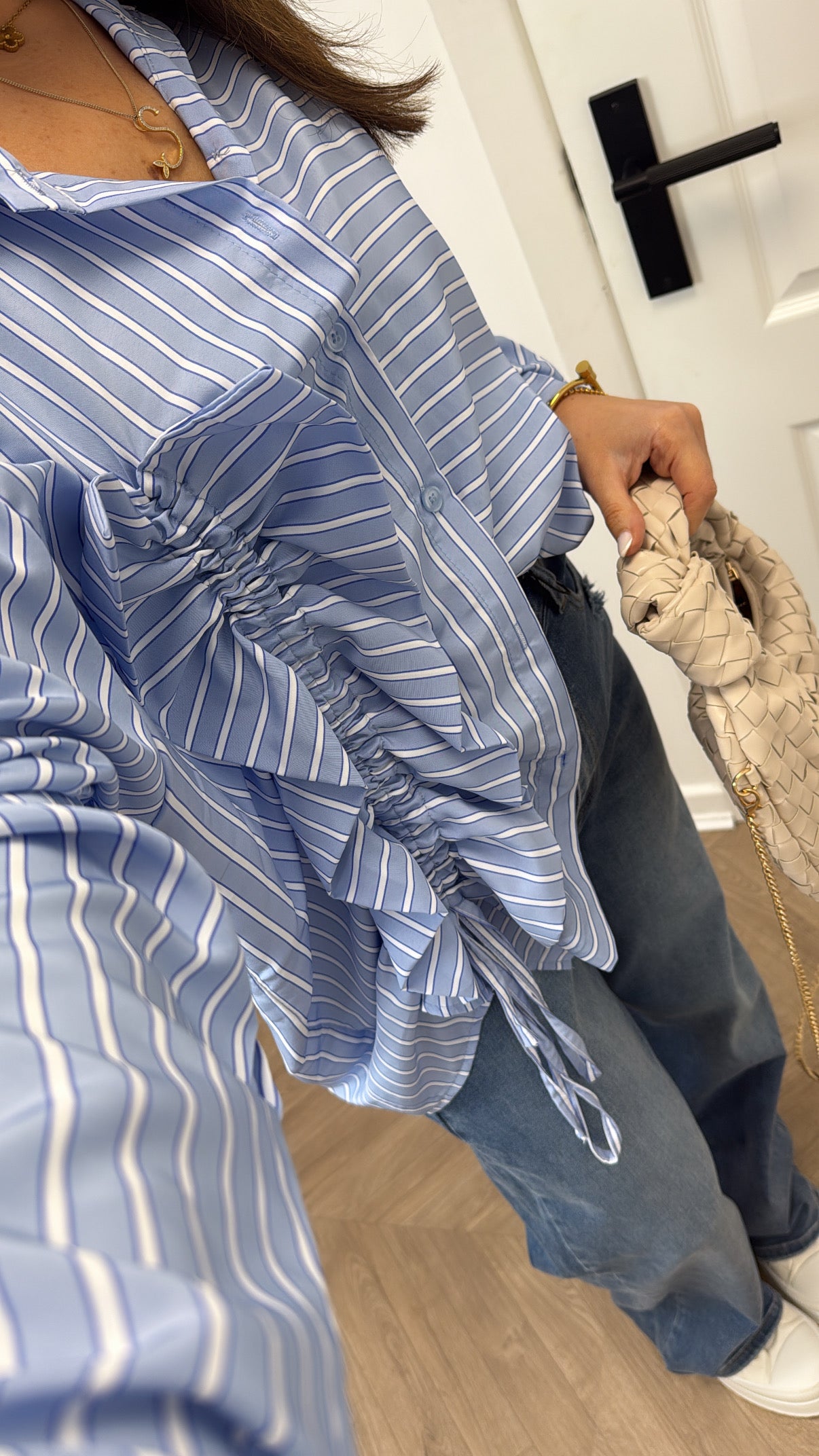 PIA blue oversize striped ruched front shirt