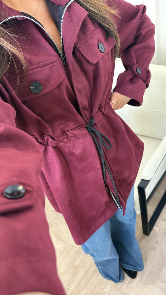 ABBEY berry faux suede tie waist jacket
