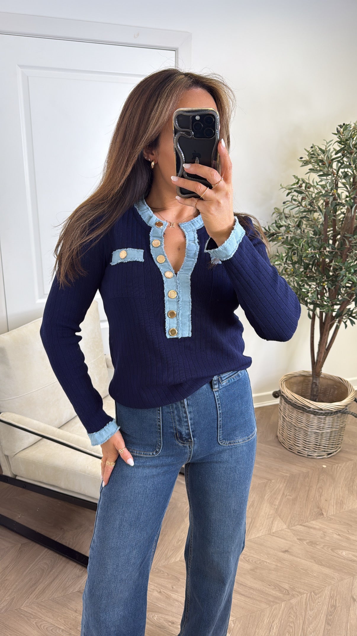 HARLEY navy fitted top with denim contrast and gold buttons