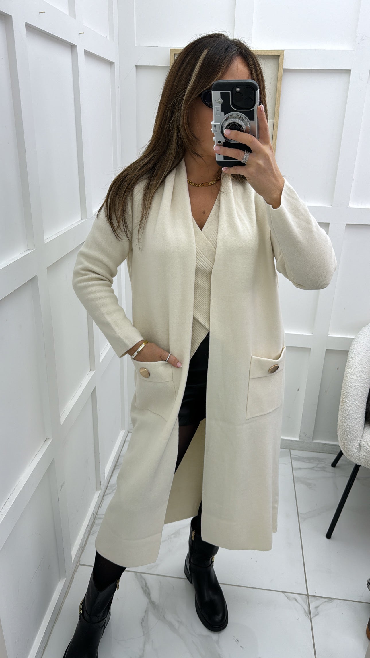 ALEXA cream longline cardigan with gold button detail