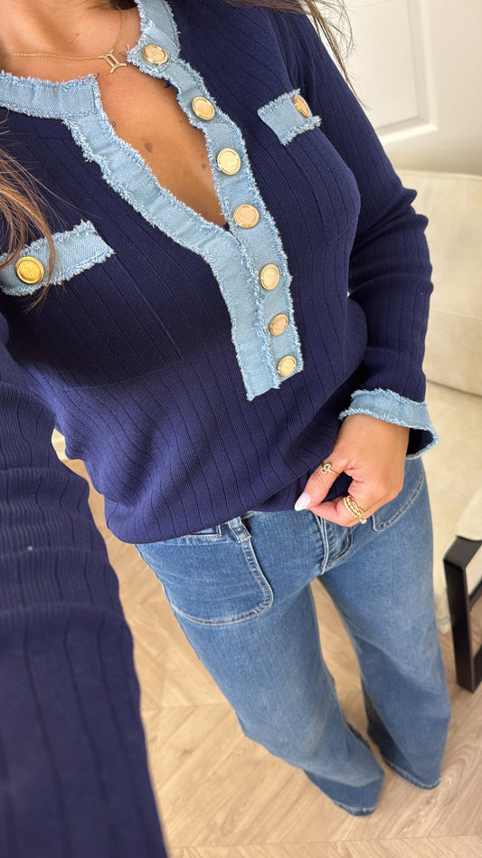 HARLEY navy fitted top with denim contrast and gold buttons