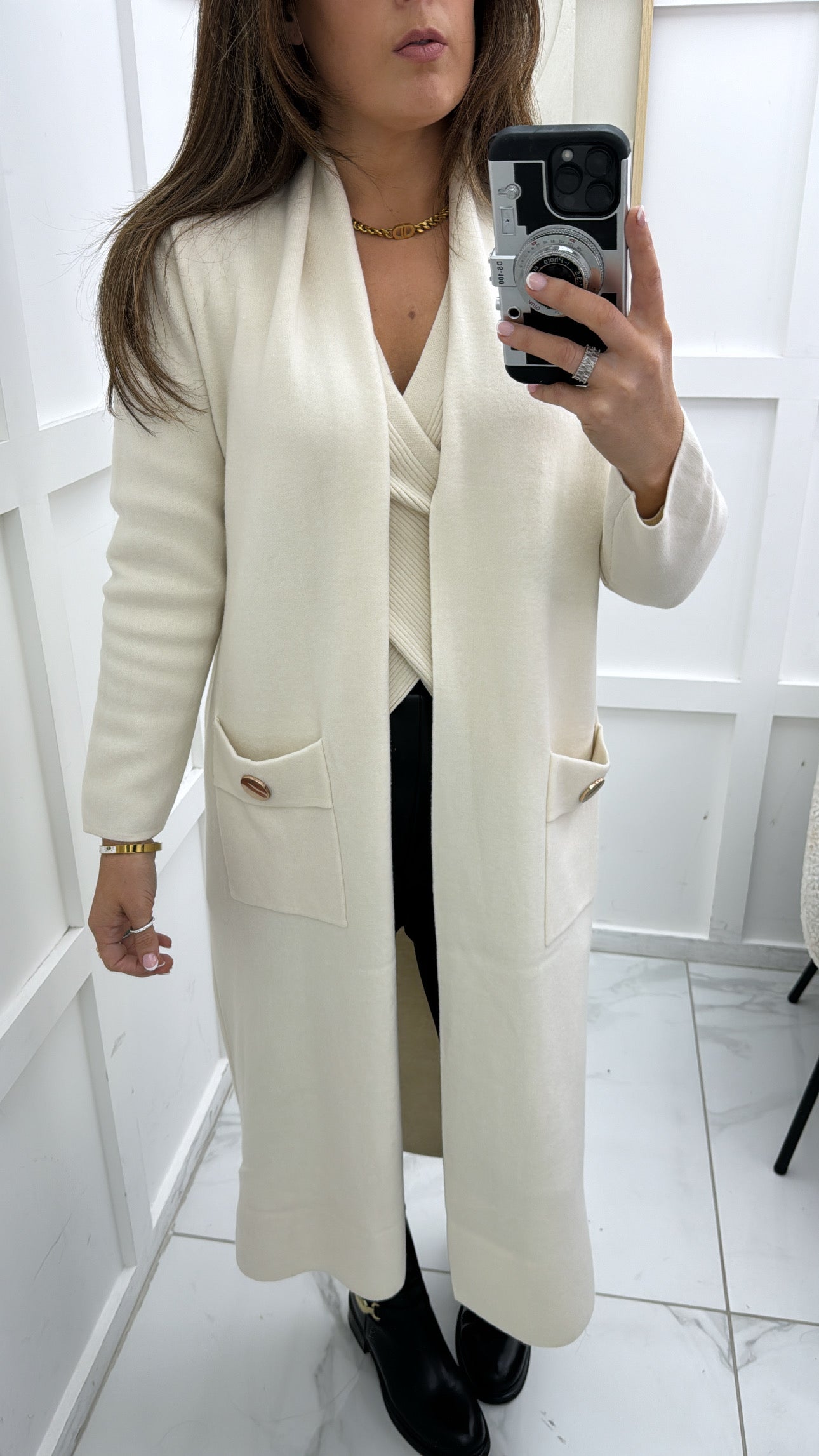 ALEXA cream longline cardigan with gold button detail