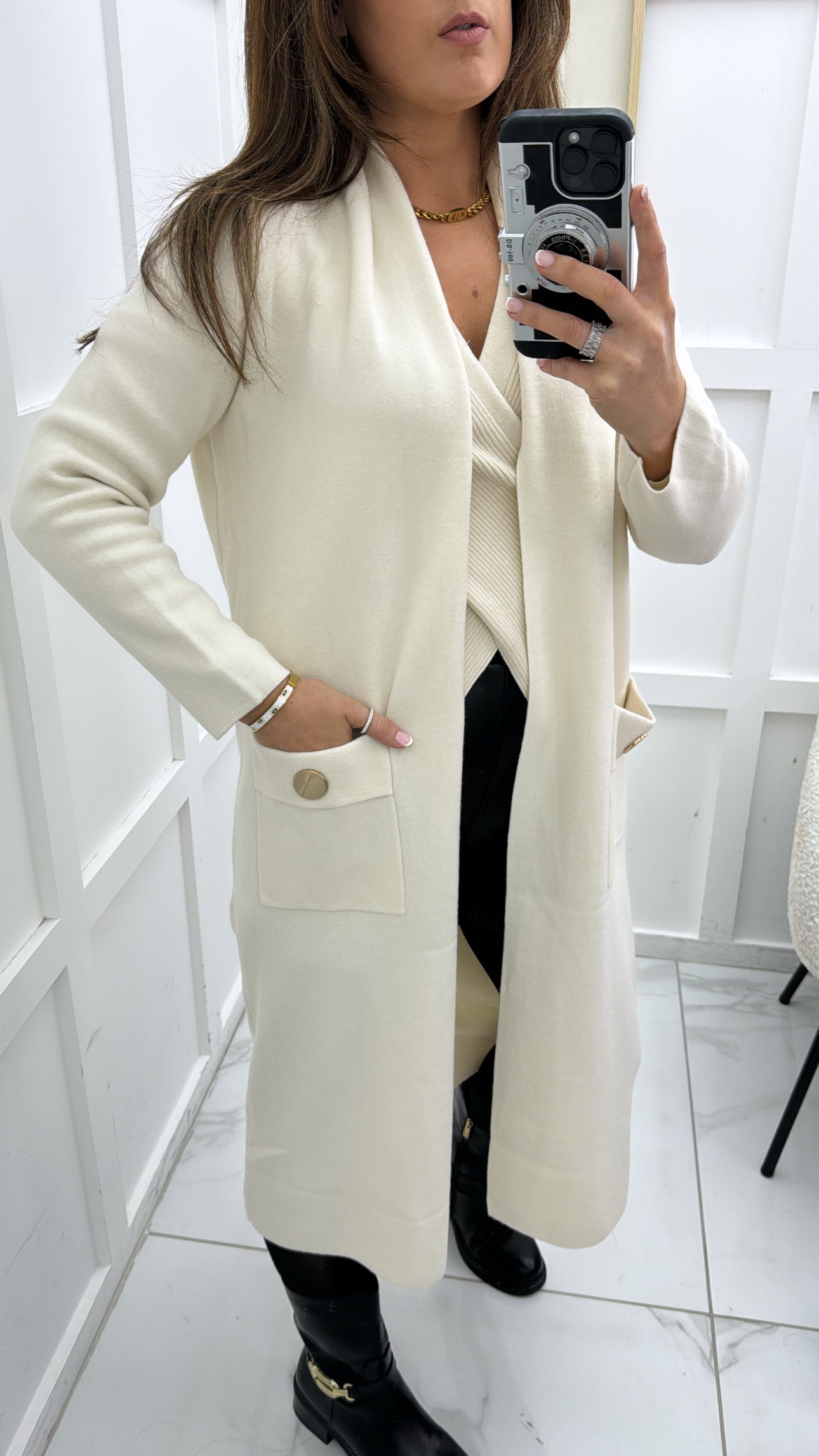 ALEXA cream longline cardigan with gold button detail