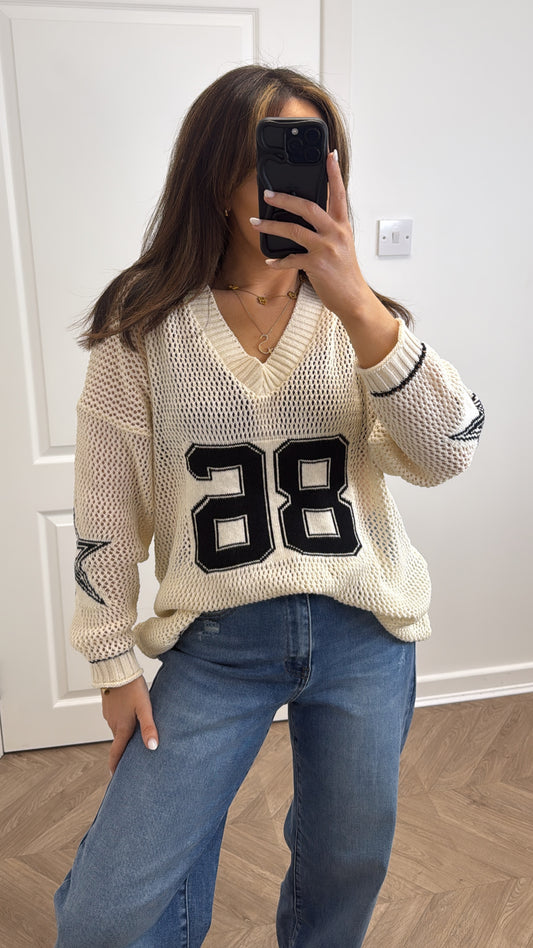 MALA cream netted over size top with logo back