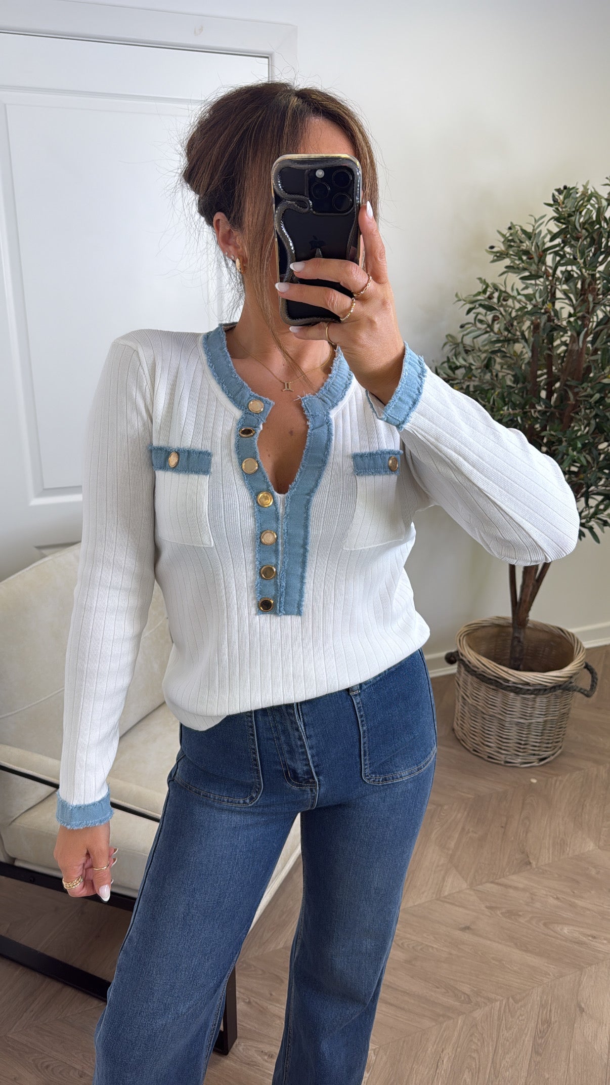 HARLEY white fitted top with denim contrast and gold buttons