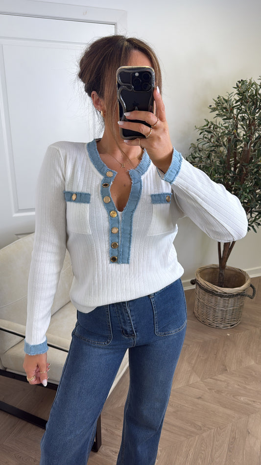 HARLEY white fitted top with denim contrast and gold buttons